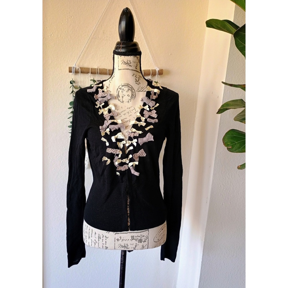 Knitted & Knotted Anthropologie 3D Bow Cardigan Black Wool Alpaca Blend Large